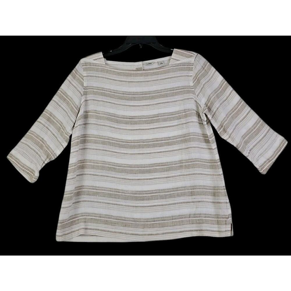 L.L.Bean ~Woman Size SP~ White Beige Striped 100% Linen Blouse Tunic 3/4 Sleeve.